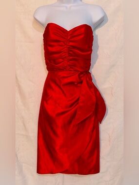 Red Strapless Satin Ruched Dress with Side Tie Custom Made D0029